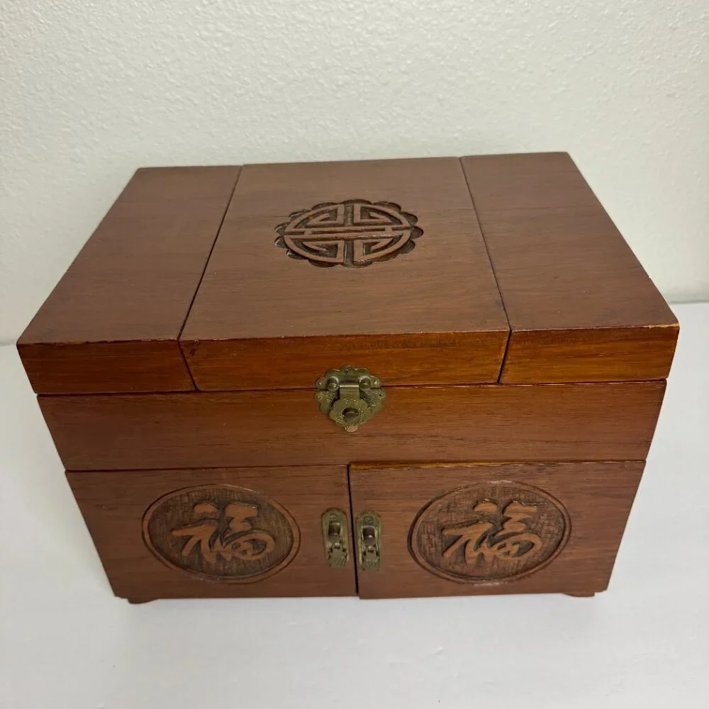 Old Vintage Chinese Carved SOLID Wood Accordion Fold Out  Jewelry Box w/Mirror
